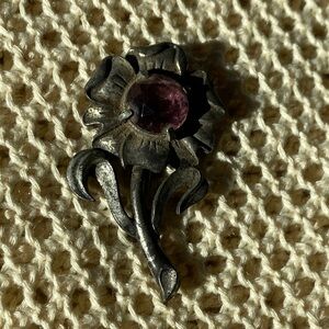 Vintage Silver Tone Flower Stem Brooch with Purple Faux Gem